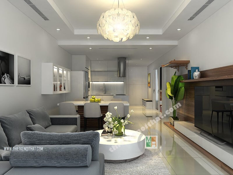 Mẫu thiết kế phòng khách cao cấp cho chung cư diện tích nhỏ với đồ nội thất hiện đại, tiện lợi. Thiết kế phòng khách chung cư hiện đại