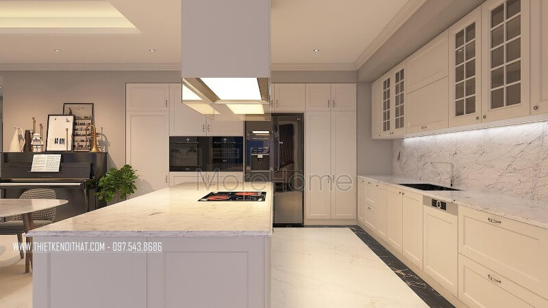 Hệ thống tủ bếp được thiết kế bằng chất liệu gỗ acrylic, loại gỗ được sử dụng thông dụng hiện nay. Thiết kế tủ bếp chung cư