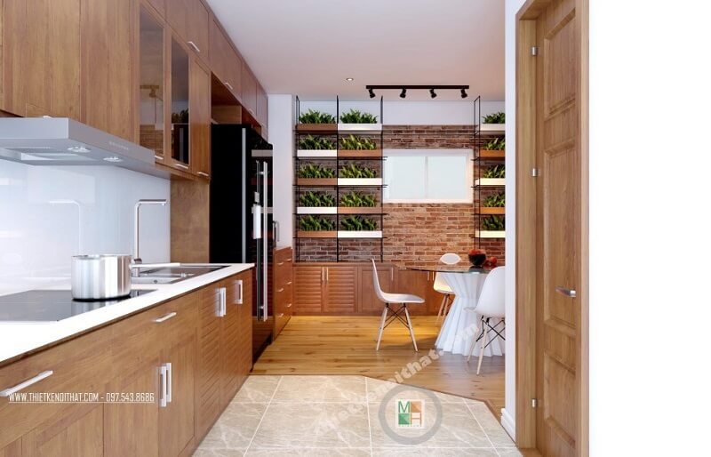 Thiết kế phòng bếp khá nhỏ tuy nhiên lại có lợi thế mở vì có của hướng ra sân trời nên không hề gây ra cảm giác bí bách và khó chịu Thiết kế phòng bếp, tủ bếp đẹp