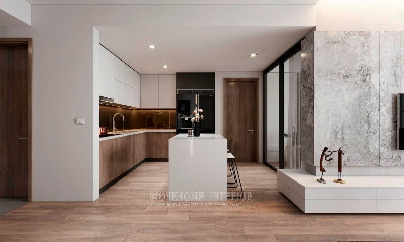 Trang trí nội thất phòng bếp ấn tượng với chất liệu gỗ công nghiệp An Cường. Ở chính giữa được bố trí thêm chiếc bàn đảo tích hợp của nhiều công năng tạo sự tiện nghi cho người nội trợ Thiết kế phòng bếp, tủ bếp đẹp