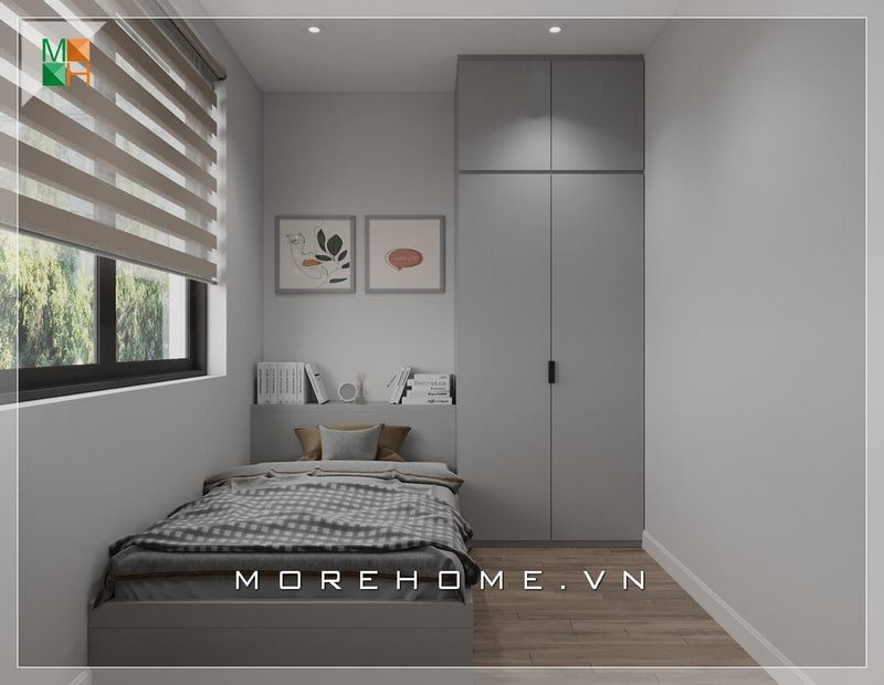 Tủ gỗ công nghiệp màu xám tinh tế, hiện đại và nhỏ gọn tiện lợi cho phòng ngủ xinh của căn hộ chung cư.