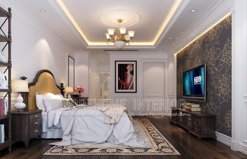 Mẫu giường ngủ tân cổ điển khung gỗ tự nhiên kết hợp đầu giường bọc da cao cấp được coi là điểm nhấn ấn tượng cho căn phòng
