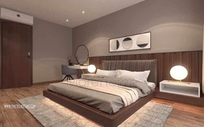 Giường ngủ chung cư đẹp gỗ An Cường, phần đầu giường được thiết kế rộng kết hợp với tab đầu giường tạo sự thuận tiện nhất